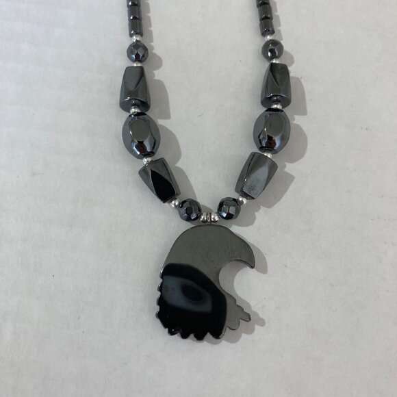 American Bald Eagle Head Hematite Bead Necklace Freedom Bird - Picture 3 of 5